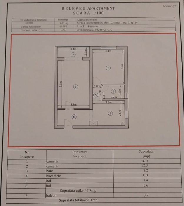 Apartament spațios 2 camere - Suprafața totală 51,4 mp - PETROȘANI