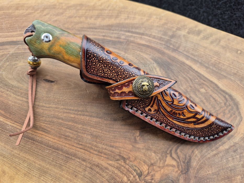 Уникален ловен нож дамаска стомана,фултанг с кожена кания LN422