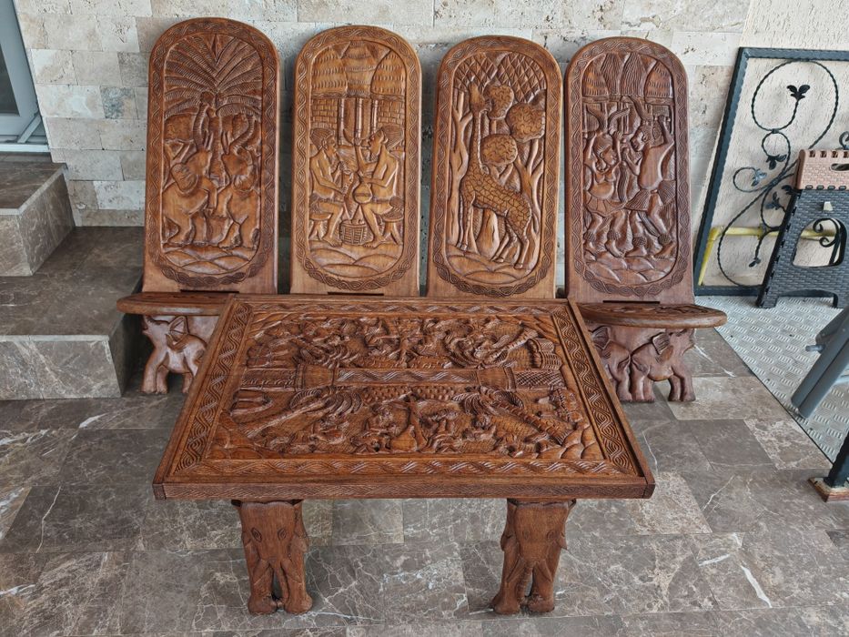 Set african vintage Palaver– 4 scaune + masă – sculptura artizanala excepțională.
