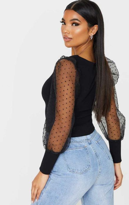 PrettyLittleThing черен топ тип корсет с органза ръкави XS