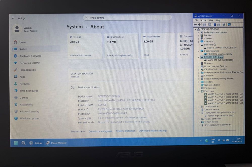 Asus F555L (i3-4005U ; 8 GB DDR3L ; 256 GB SSD ; 15.6" HD)