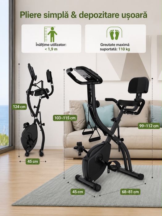 Bicicletă fitness pliabilă Sportneer 5 în 1 – nouă, cu spătar, benzi elastice și ecran LCD | Suportă până la 110 kg