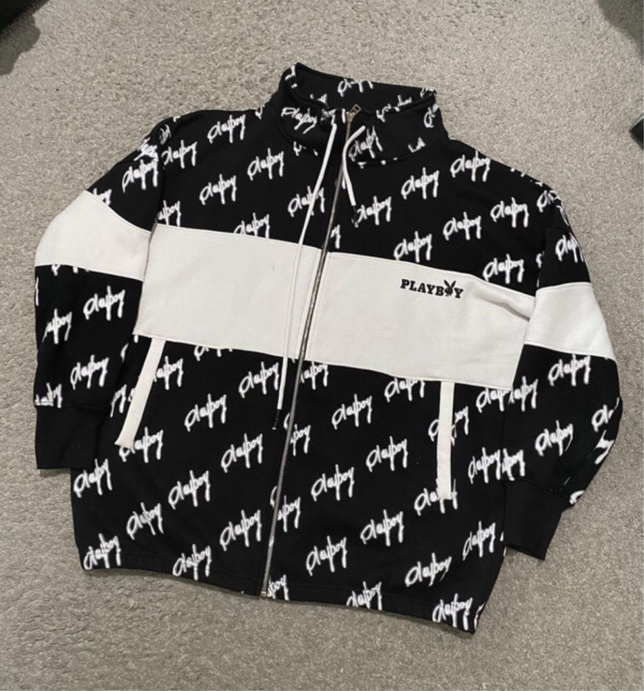 Playboy x missguided black repeat discount print zip through oversized sweatshir