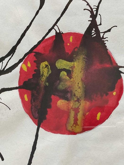 Tablou modern pictat manual Franta anii 70 rama expoztionala rosie