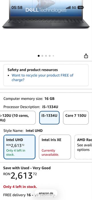 Dell 15 DC15250 • Intel i5-1334U • 16GB RAM • 512GB • SIGILAT •
