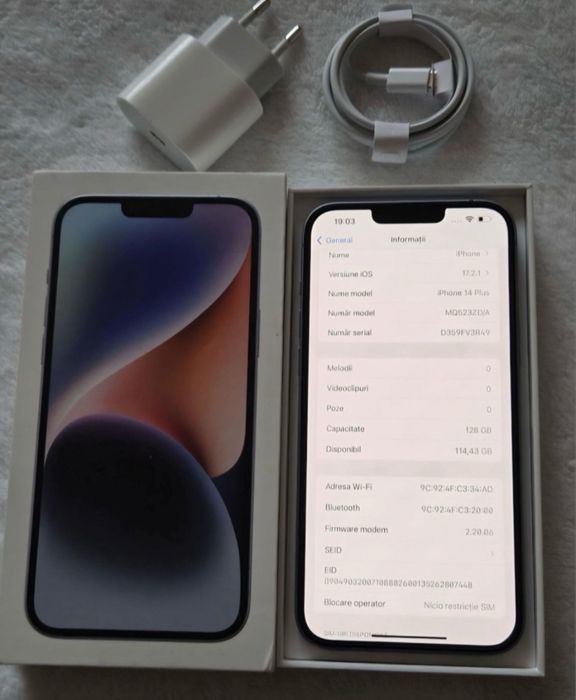 iPhone 14 Plus, 128GB, Blue, Full box, stare CA NOU
