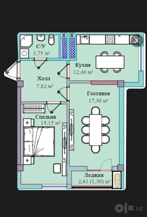 Квартира 2-х комнатная , 62 м², Б-блок
