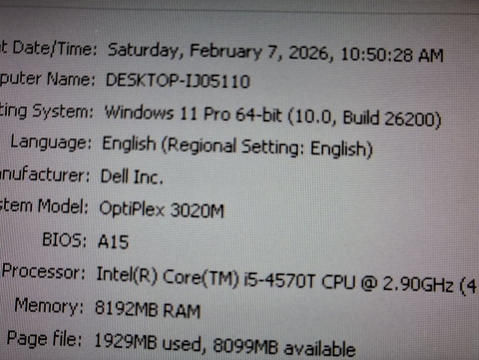 Dell Optiplex 3020M, Intel i5-4570T, 8 GB, 320 HDD, Windows