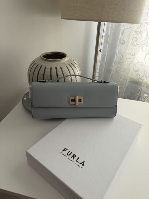 Дамска чанта Furla естествена  кожа и велур в небесно синьо, и цвят праскова