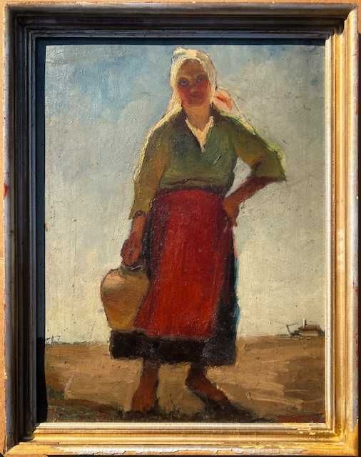 ~Țărancă cu ulcior~ Tabl0u vechi de >100 ani. Ul/Cart, semn ȘTAMPILĂ