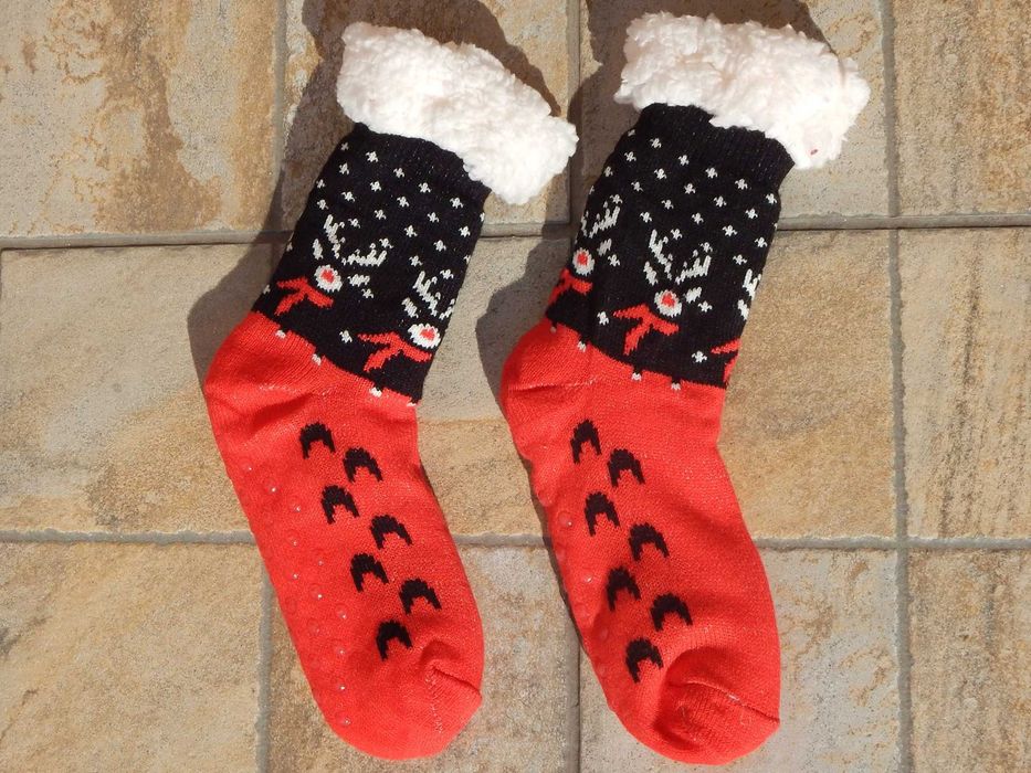 Sosete motiv Craciun cu teddy-fleece antiderapant