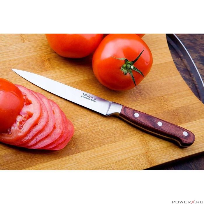 Set cutite Inox, 6 piese, suport patrat din lemn, mâner Pakka maro,