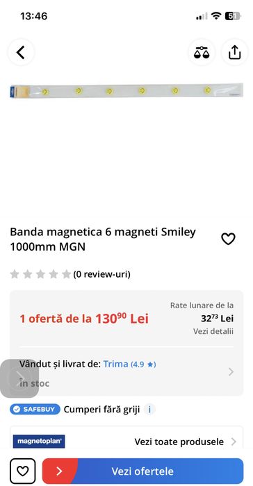 Banda organizare office Magnetoplan 6 magneții 1 m NOU Sigilat