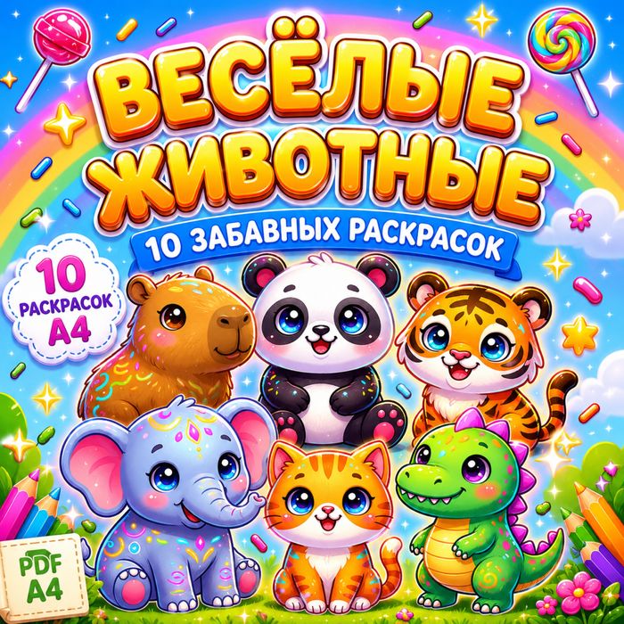 Весёлые животные — детская PDF раскраска для печати