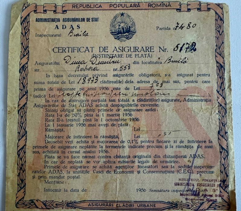 Antichitate, colectionari, Certificat de asigurare ADAS,  an 1956