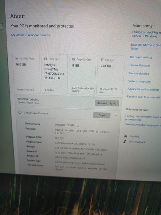 PC Intel  I7 6700k 16gb Ddr4 RX490 8gb