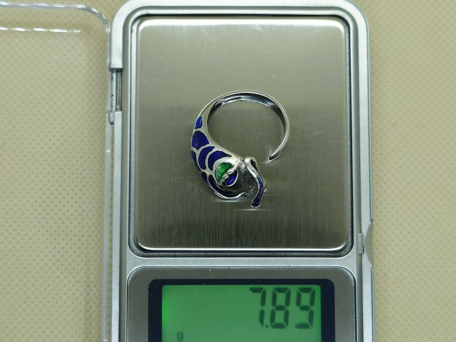 Inel din argint 925 reglabil, cu email albastru-verde, motiv pește