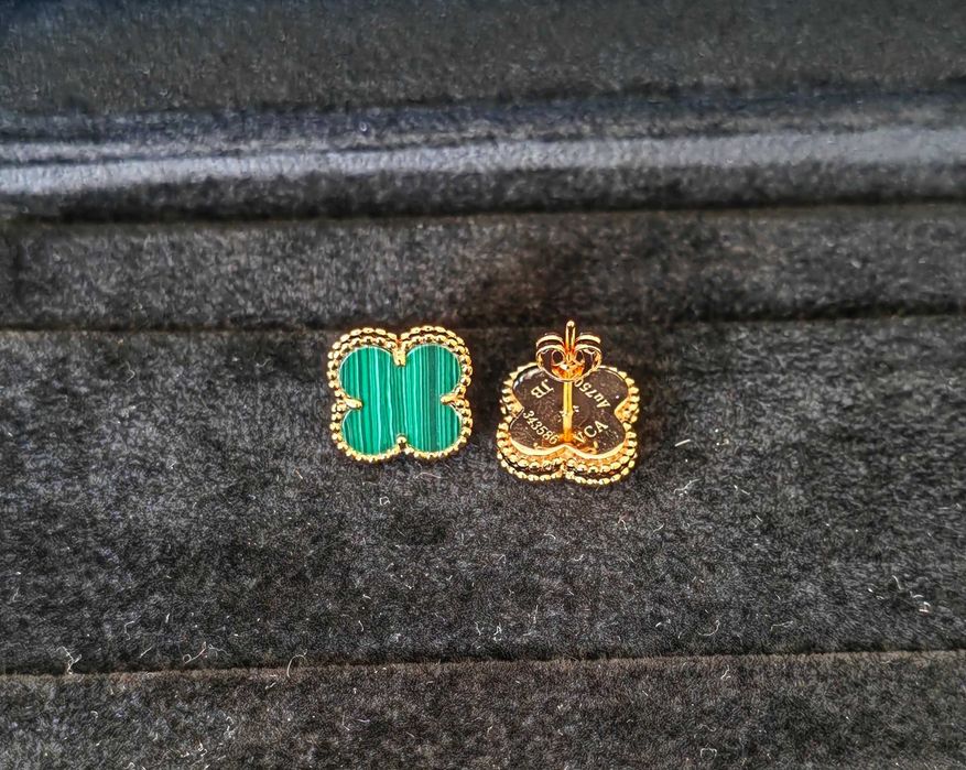 Сребърни обеци със зелен малахит Van Cleef & Arpels Vintage Alhambra