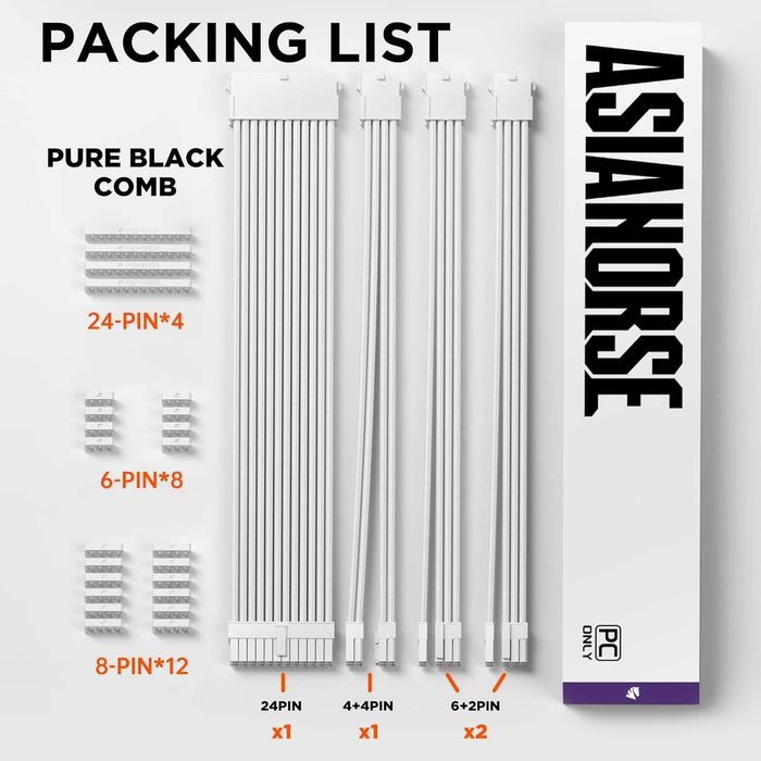 Cablu kit extensie sursa alimentare PC Desktop Calculator PSU GPU Asiahorse30 cm,24PIN,8PIN (1 x 4+4,2 x 6+2) prelungitor 16AWG manson kit pieptene