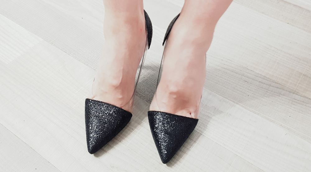 Pantofi dama cu toc, negri cu sclipici, toc 10 cm, mar. 37