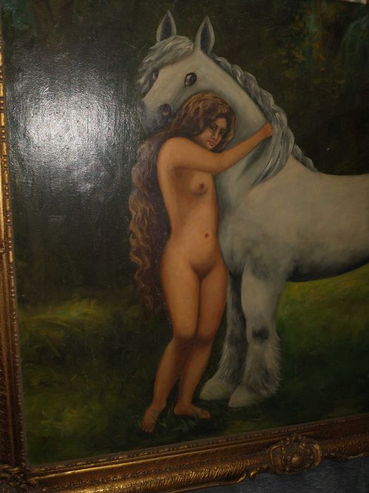 Pictura superba-nud langa cal-Accept expertizare