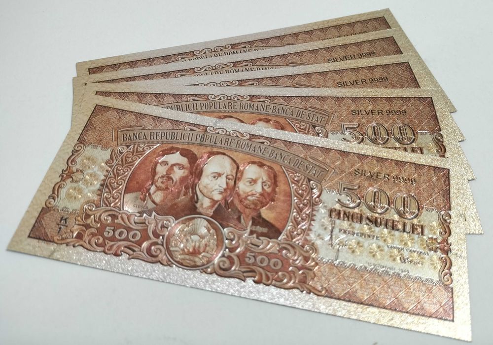 500 Lei 1949-Lot 5 bucăți-Horea Cloșca Crișan-Silver Edition-bancnote ornamentale / suveniruri / educaționale placate argint 999‰