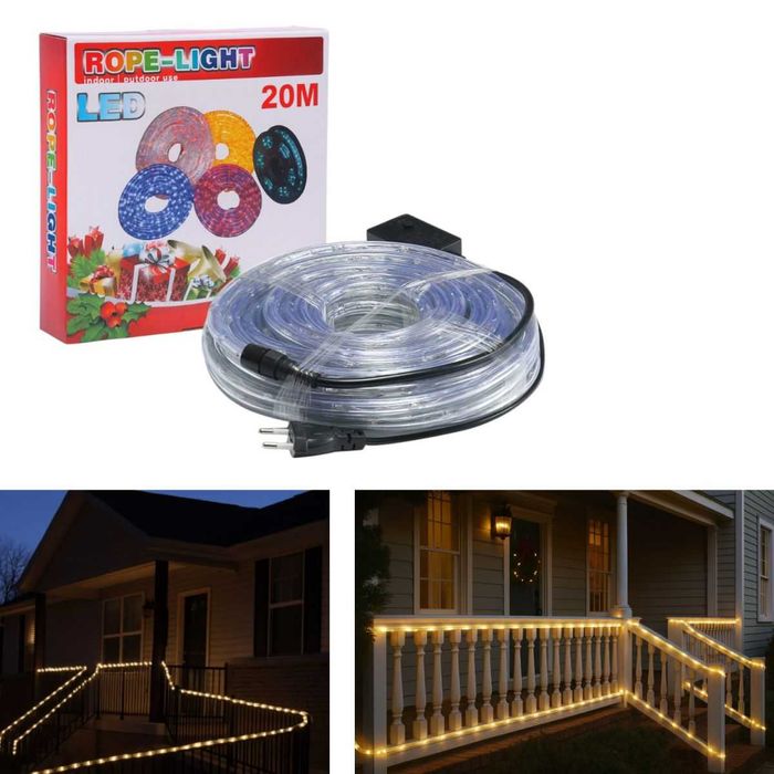 20м външен коледен светещ маркуч топла светлина с захранващ кабел