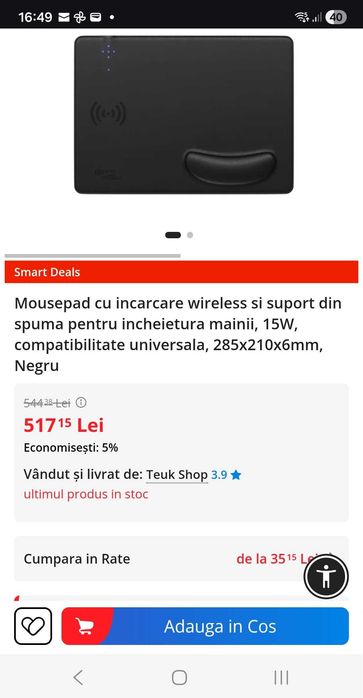 Mousepad incarcare wireless suport spuma incheietura mainii, 15W