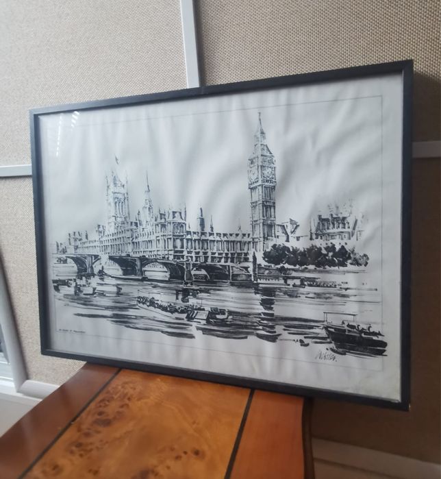 Антикварна картина в рамка и паспарту литография гравюра 38,5 х 52,5см