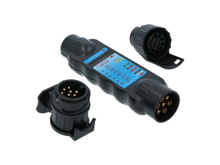 Tester cu led Carpoint pentru lumini remorca 12V, cu 7 pini fisa si priza, include 2 adaptoare pentru conexiuni de 13 pini