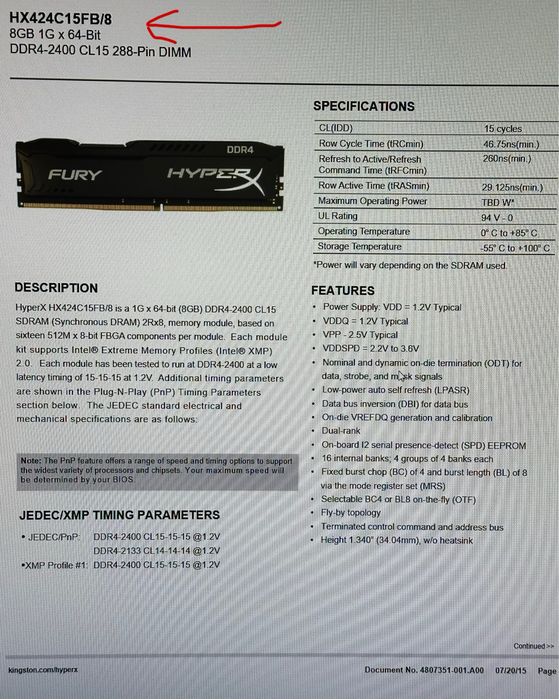 Ram DDR4 8gb 2400mhz fury hyperx kingston