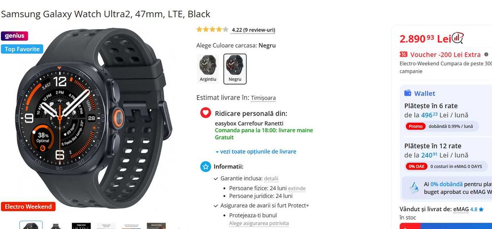 Samsung Galaxy Watch Ultra 2024 1099ron,Ultra2005  1650ron 47mm, LTE, Black-garantie acte cutie