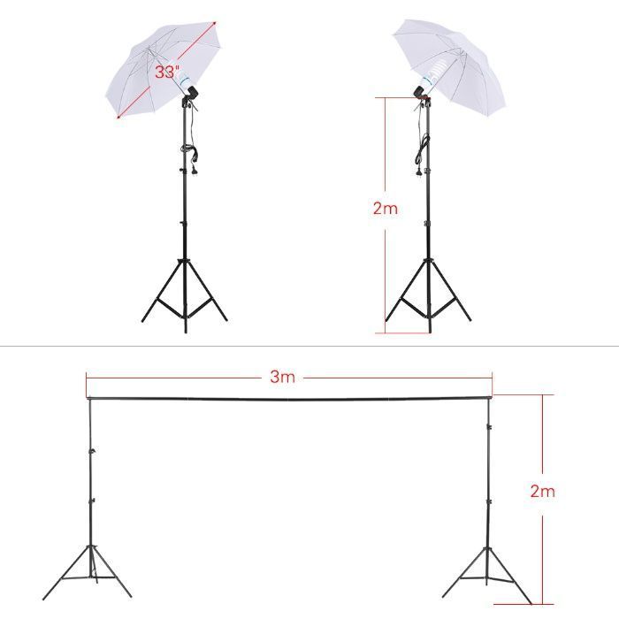Kit studio Foto,2 x Umbrele+Suport fundal 2x2m + 2x 45W + panze AN