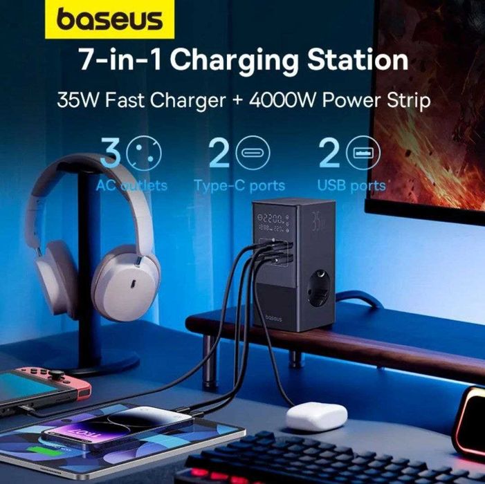 Baseus 35w Gan5 Pro с цифровым дисплеем и кнопкой и розеткой