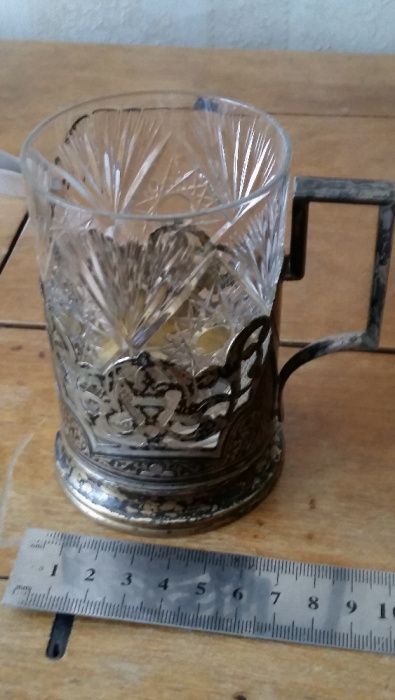 Подстаканник серебряный с хрустальным стаканом 875 проба 35 грамм Сов