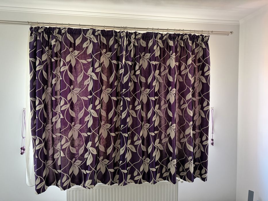 Set complet draperii mov cu frunze + perdea albă voal + cordoane susținere
