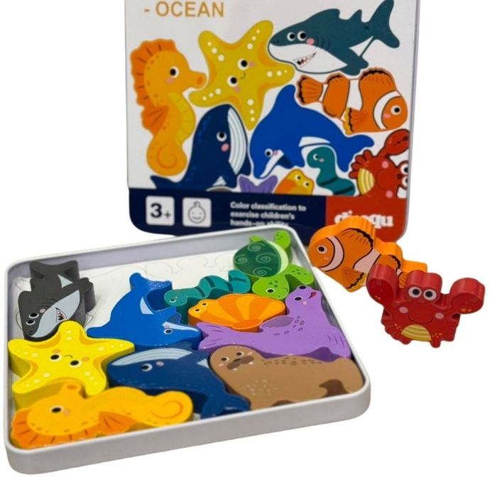 Дървен пъзел Животни 3D пъзел в метална кутия