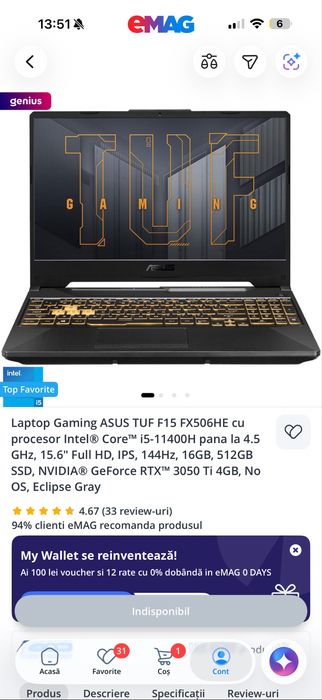 Laptop ASUS TUF F15 FX506HE folosit putin
