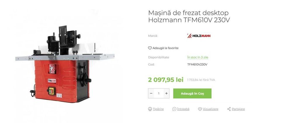 Freză de masă Holzmann TFM610V (1500W) – Ca nouă + cutie freze CADOU