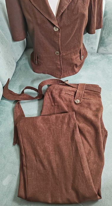Set compleu (co-ord) culoare maro ciocolatiu, din in - jachetă și pantaloni - Politex, Mărimea 44