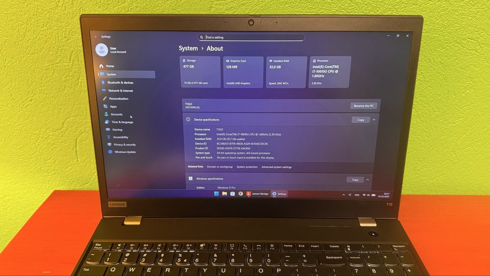 Thinkpad T15 Gen 1, core I7-106110U, 32 GB RAM, 512 GB NVME Samsung