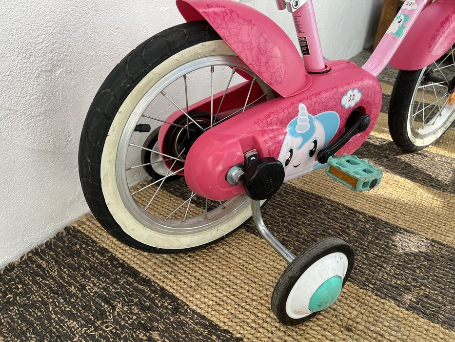 Детско колело 14 BTWIN с помощни колела, розово с еднорог