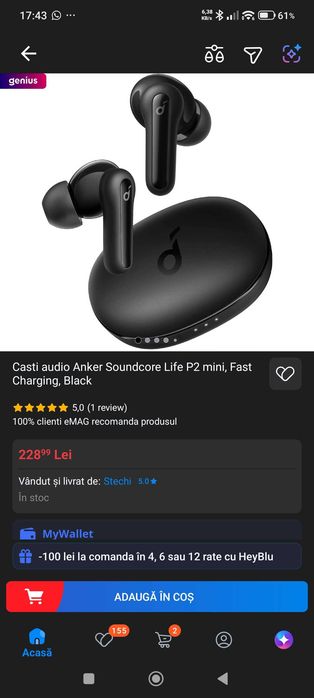 Casti wireless Soundcore P2 Mini – Stare foarte buna + incarcator si baterie externa