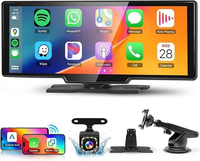 Безжично Carplay Android Auto екран 10.26 инча преносимо автомобилно стерео, Hodozzy HD