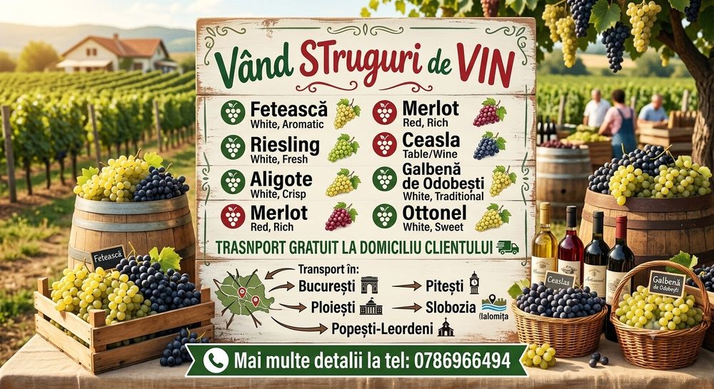 Vând struguri de vin mai multe soiuri prețul se face la telefon.    Sunt producător