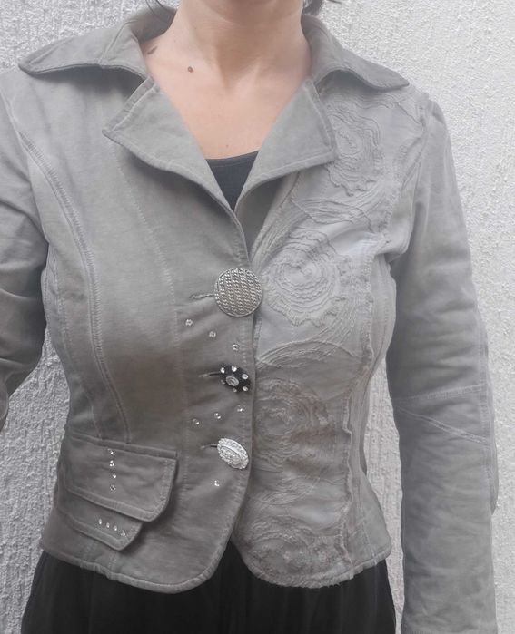 Sacou vintage casual gri paiete si broderi