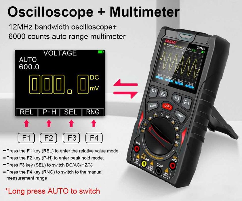 GVDA GD188 Complet de măsură digital All-in-One (3 în 1): Multimetru + Osciloscop + Generator de semnal, True RMS, 12 MHz, 50 Msps - NOU