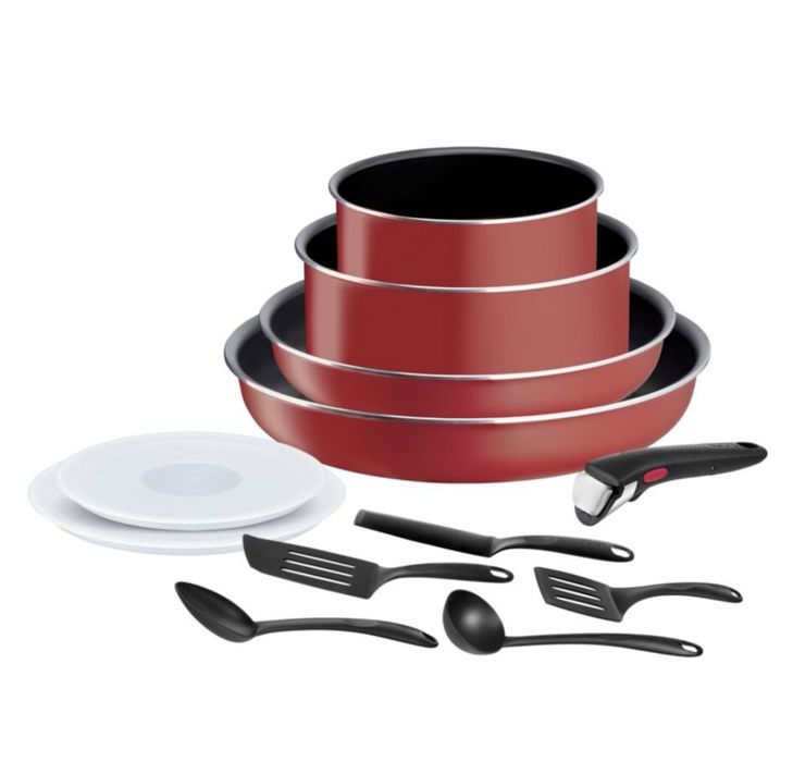 Set de 12 piese Tefal Ingenio Easy Cook & Clean, invelis antiaderent Titanium, indicator temperatura Thermo-Signal, maner detasabil, rosu