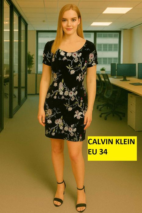 Calvin Klein черна мини рокля с флорална бродерия – размер EU 34