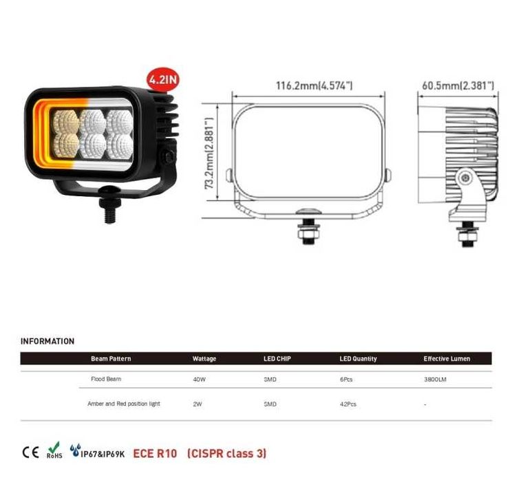 42W LED Халоген FLOOD – Работен Фар с Жълта и Червена Светлина 12V/24V